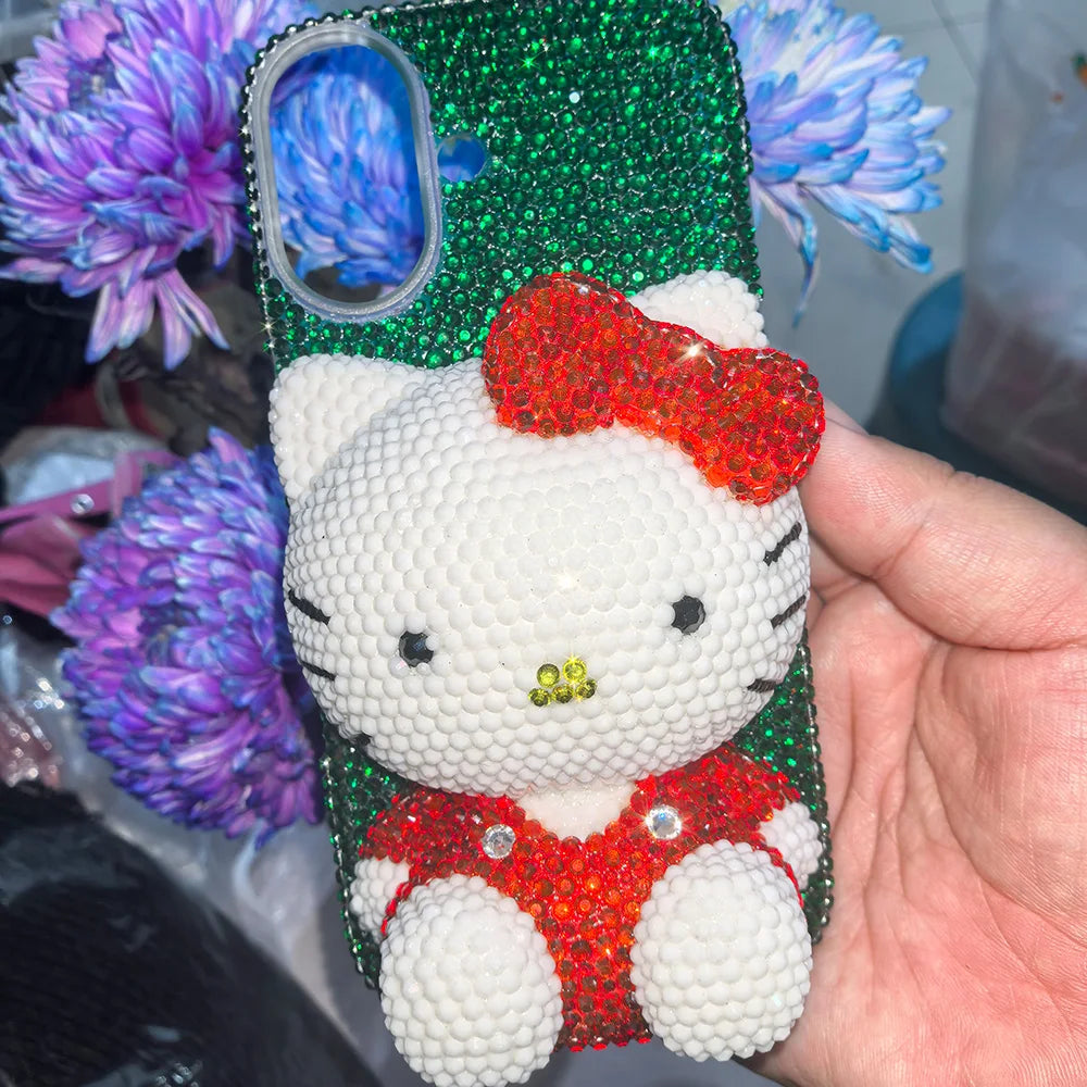 Christmas Hello Kitty Rhinestone Crystal Phone Case Chain For iPhone17 16 15 14 13 12 11Pro Max X Xs XR 7 8 Plus Transparent
