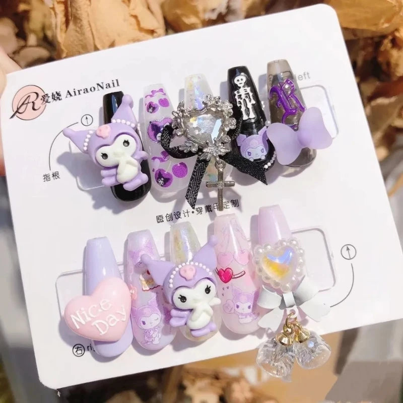 Hello Kitty Handmade Press-On Nails – Pink My Melody & Cinnamoroll Anime Nails – Detachable 3D Nail Art Decoration Set