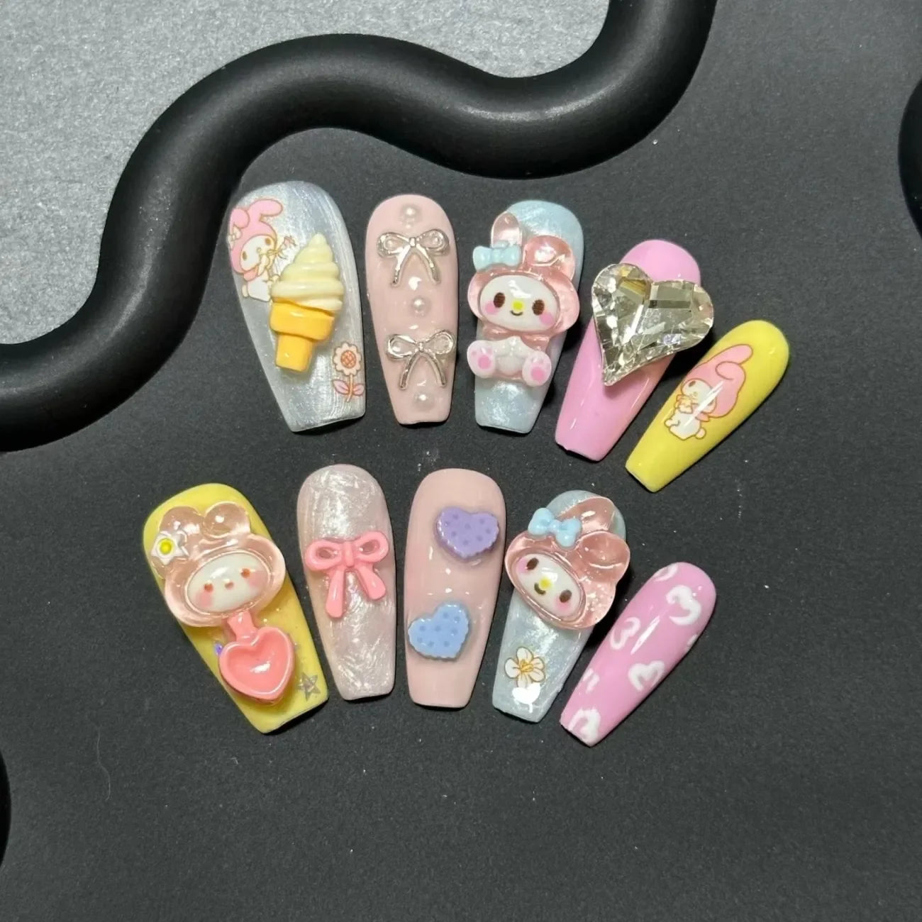 Hello Kitty Handmade Press-On Nails – Pink My Melody & Cinnamoroll Anime Nails – Detachable 3D Nail Art Decoration Set