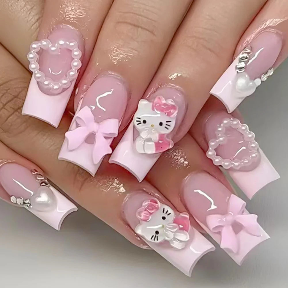 24Pcs 3D Hello Kitty Pearl Bow Press-On Nails – Medium Pink French Tip Nails – Cartoon Wearable Nail Set for Women