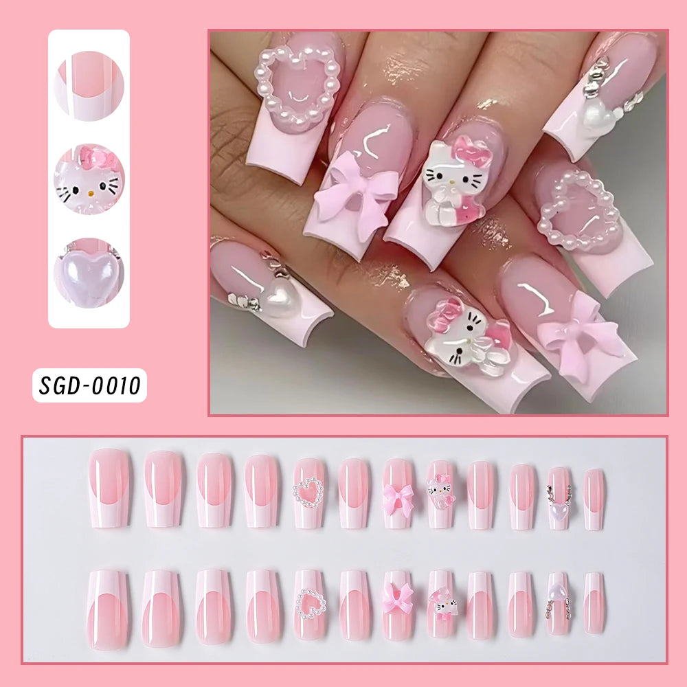 24Pcs 3D Hello Kitty Pearl Bow Press-On Nails – Medium Pink French Tip Nails – Cartoon Wearable Nail Set for Women