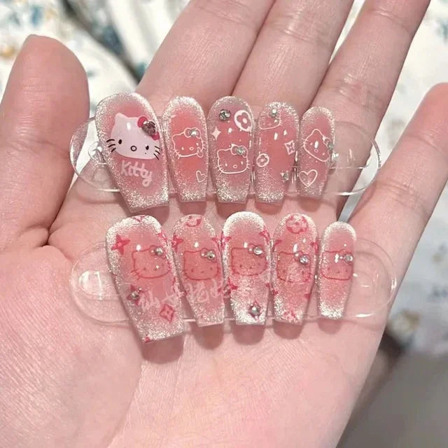 Hello Kitty Press-On Nails –  Cat Eye Shiny Wearable Nail Set – Reusable Handmade Cartoon Nail Art for Women