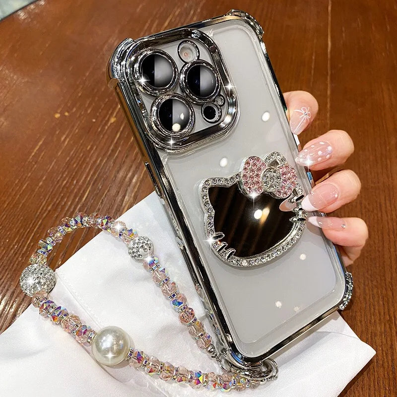 Hello Kitty Mirror Electroplated Phone Case with Bracelet – Shockproof Protective Cover for Motorola Moto Edge & Moto G Series