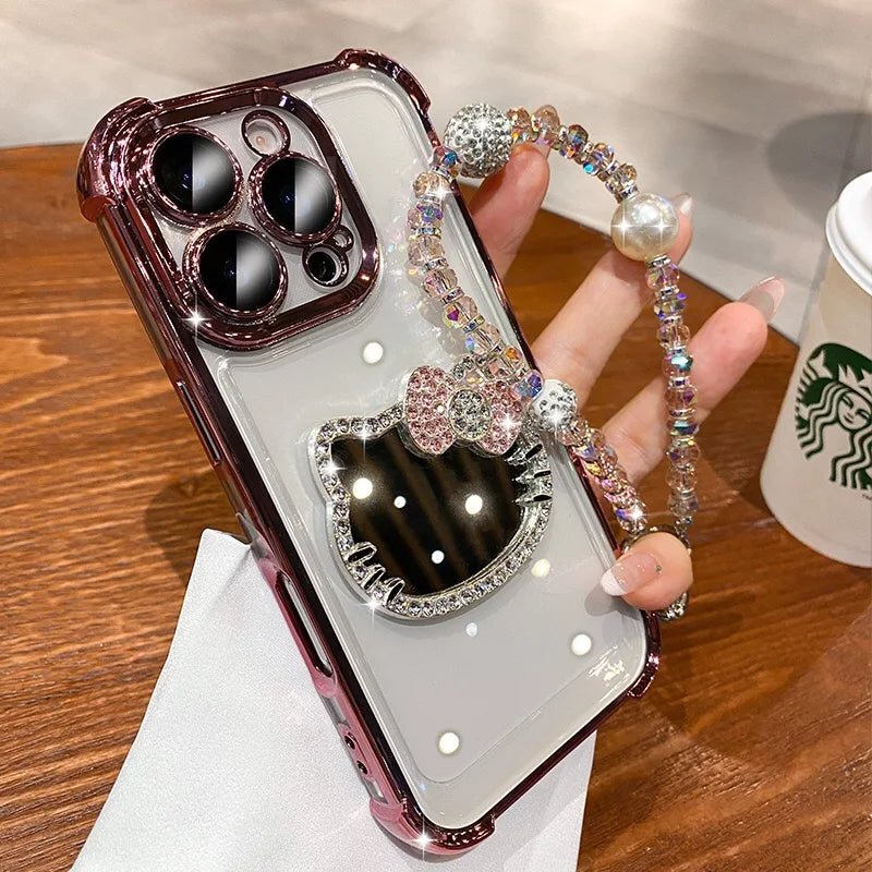 Hello Kitty Mirror Electroplated Phone Case with Bracelet – Shockproof Protective Cover for Motorola Moto Edge & Moto G Series