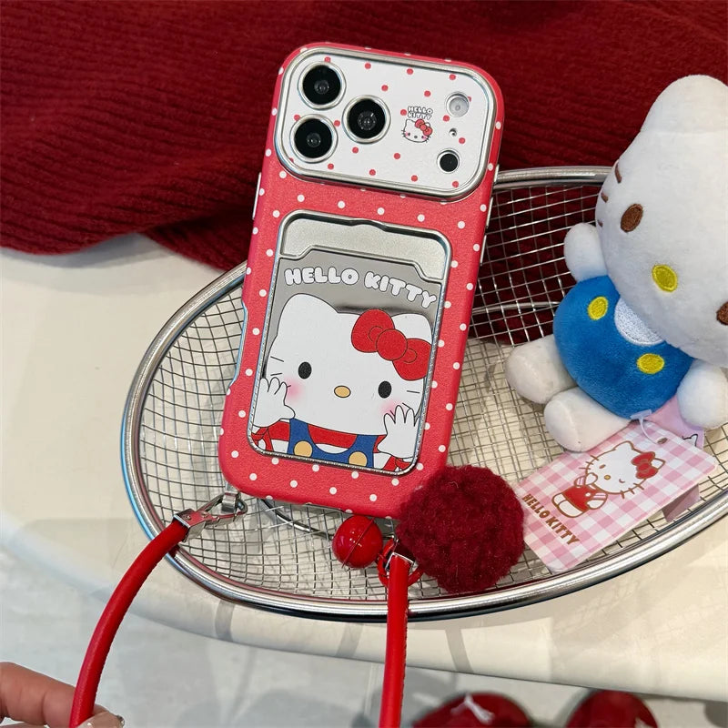 Hello Kitty Red Mirror Phone Case with Card Slot & Plush Wrist Strap – Cute Protective Cover for iPhone 13, 14, 15, 16 & 17 Pro Max