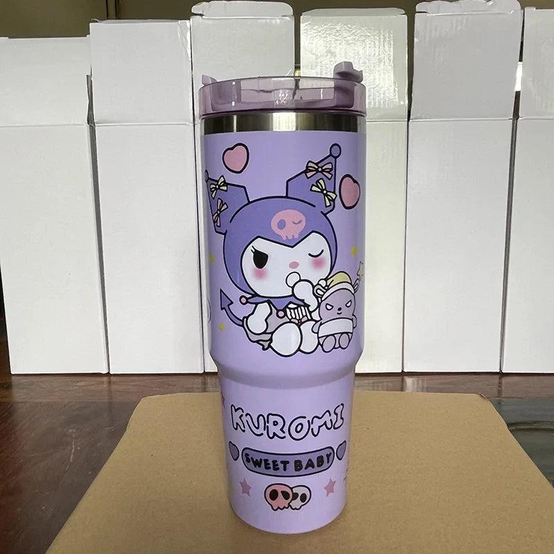 Kawaii Hello Kitty 900ML Thermos Cup Anime Sanrio Kuromi Cinnamoroll High Capacity Car Cup 304 Stainless Steel Vacuum Coffee Cup