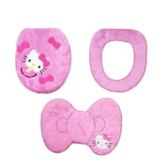 Hello Kitty 3-Piece Toilet Seat Cushion Set – Sanrio Plush Winter Bathroom Cover Set for Home Use