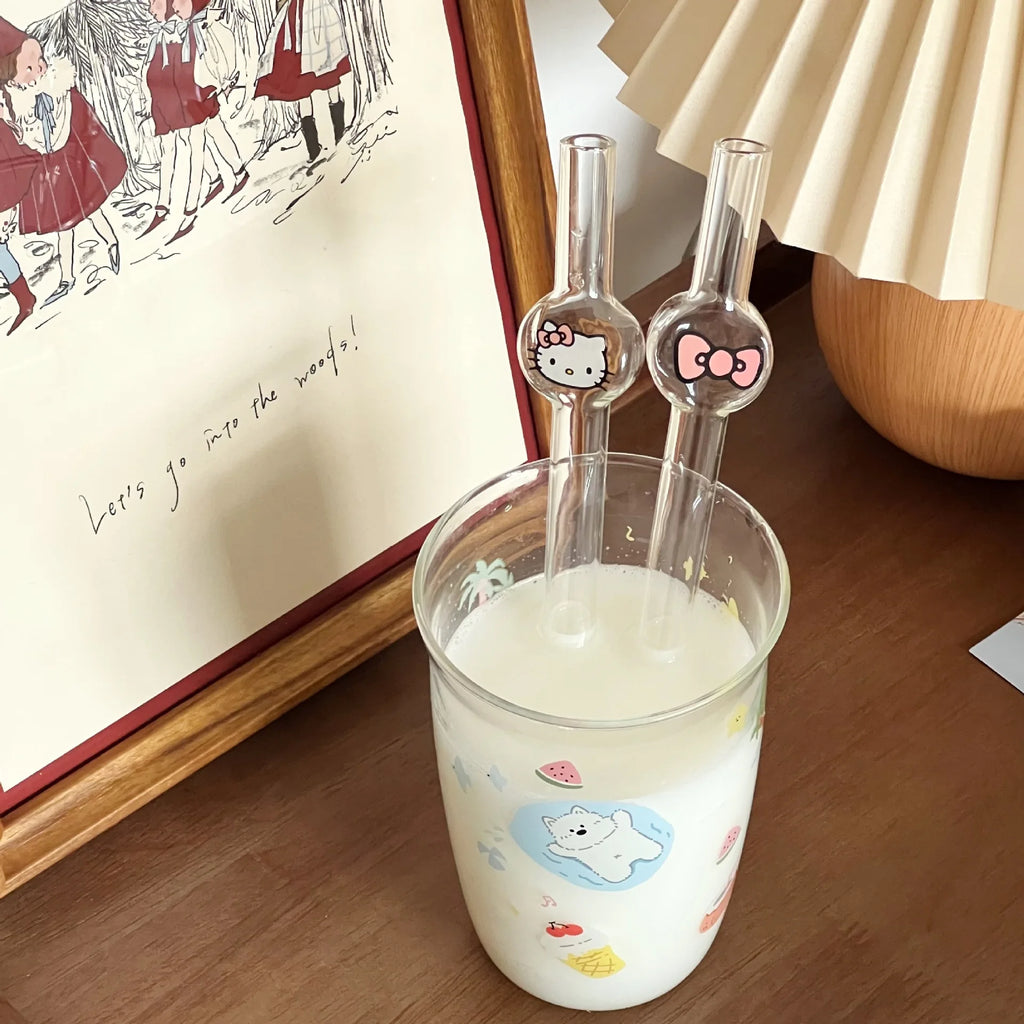 Hello Kitty Anime Ins Style Cute Cartoon Student Glass Straw KT Cat Creative High-value Household Thick Drinking Accessory Gifts