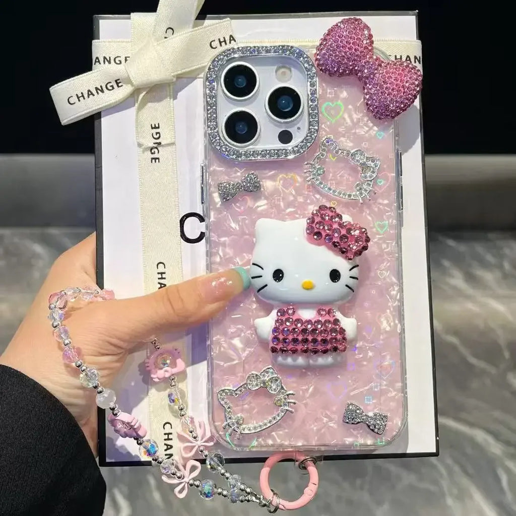 3D Hello Kitty Bling Glitter Phone Case – Sparkly Hard Protective Cover for iPhone 11, 12, 13, 14, 15, 16 & 17 Pro Max