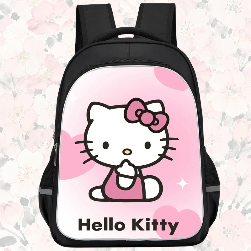 16-inch cartoon children's backpack, unisex, large capacity, double zippered pockets, ergonomic back support, Hello Kitty-theme