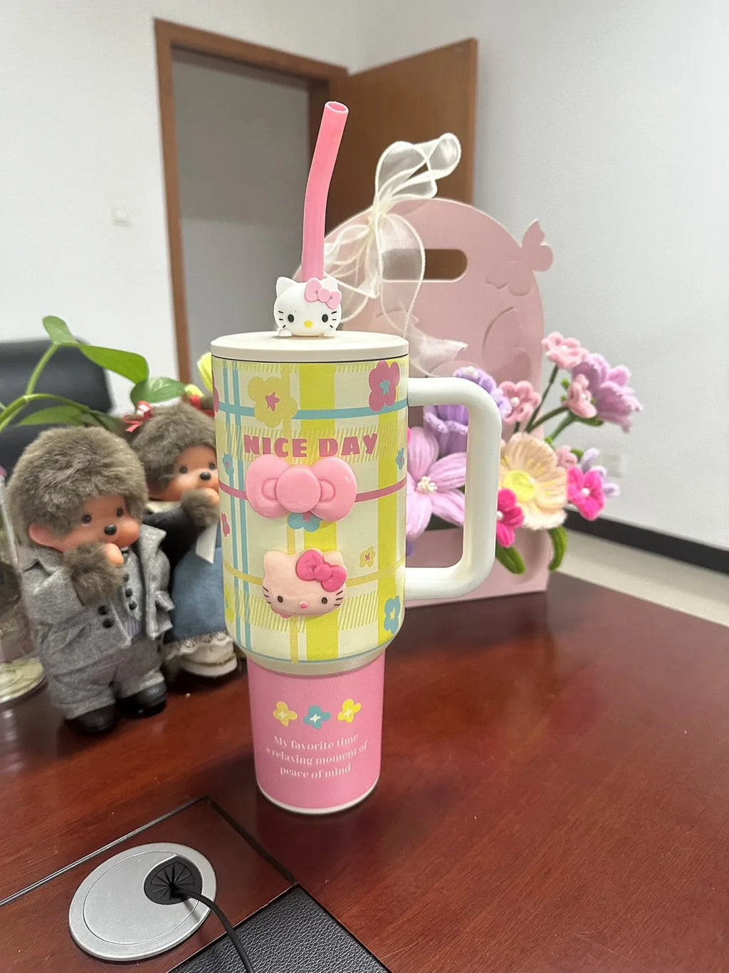 1200ml Hello Kitty 304 Stainless Steel Insulated Bottle – Pink & Blue Grid Thermo Tumbler – Large Capacity Hot & Cold Coffee Cup Water Bottle Mug Gift