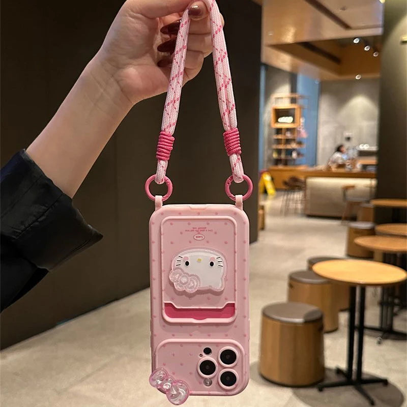 Kawaii Hello Kitty 3D Bow Phone Case with Card Holder & Lanyard – Protective Cover for iPhone 11, 12, 13, 14, 15, 16 & 17 Pro Max