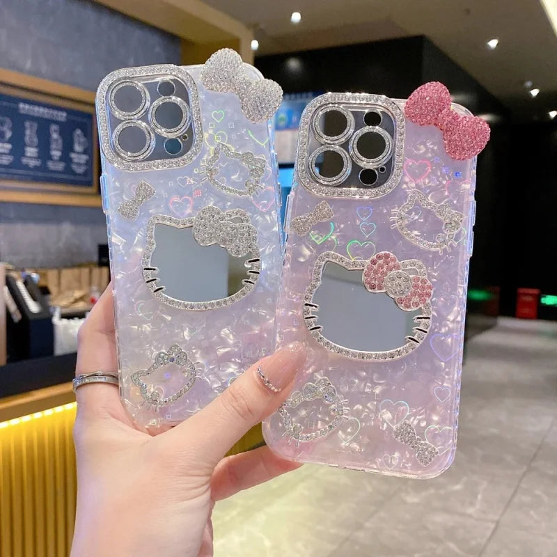 Luxury Makeup Mirror Glitter 3D Cute Cartoon Hello Kitty Sparkling Phone Case For iPhone12 13 14 15 16 17 Pro Max Plus Cover