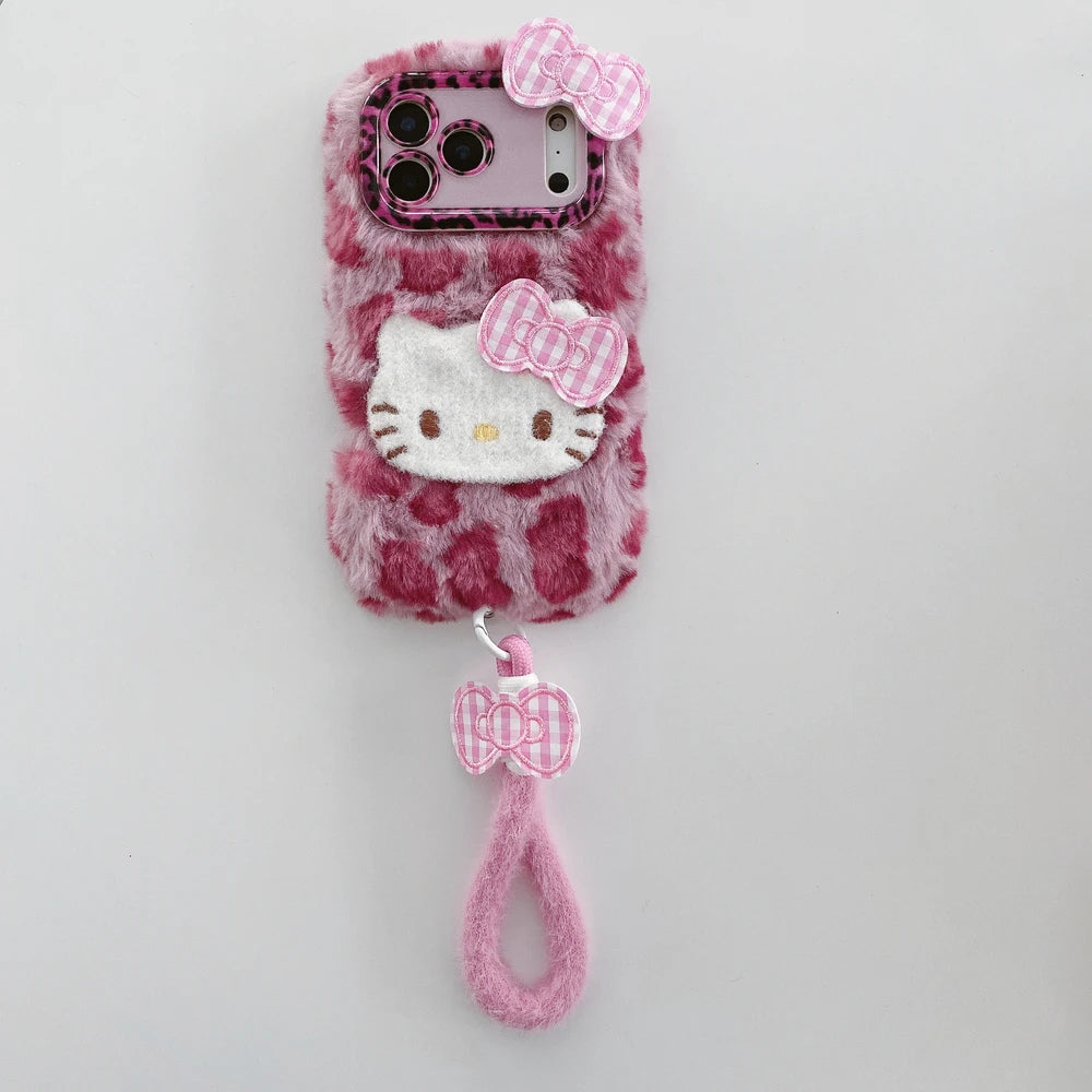 Cute Cartoon Sanrio Hello Kitty Leopard print Furry Warm Winter Plush Phone Case For iPhone 17 16 15 14 13 12 11 Pro Max Cover