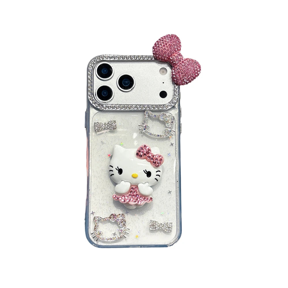 Cute Cartoon Sanrio Hello Kitty Bling Glitter Diamond Phone Case For iPhone 17 16 15 14 13 12 11 Pro Max Shockproof Hard Cover