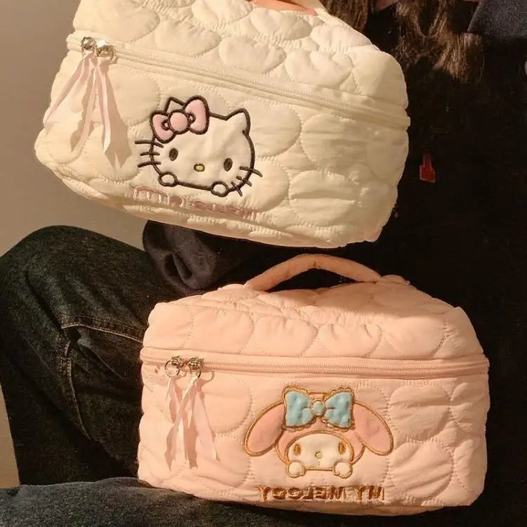 Hello Kitty Cute Quilted Makeup Bag Soft Cloud Texture Large Capacity Travel Cosmetics Storage Bag Toiletry Pouch Ladies Gifts