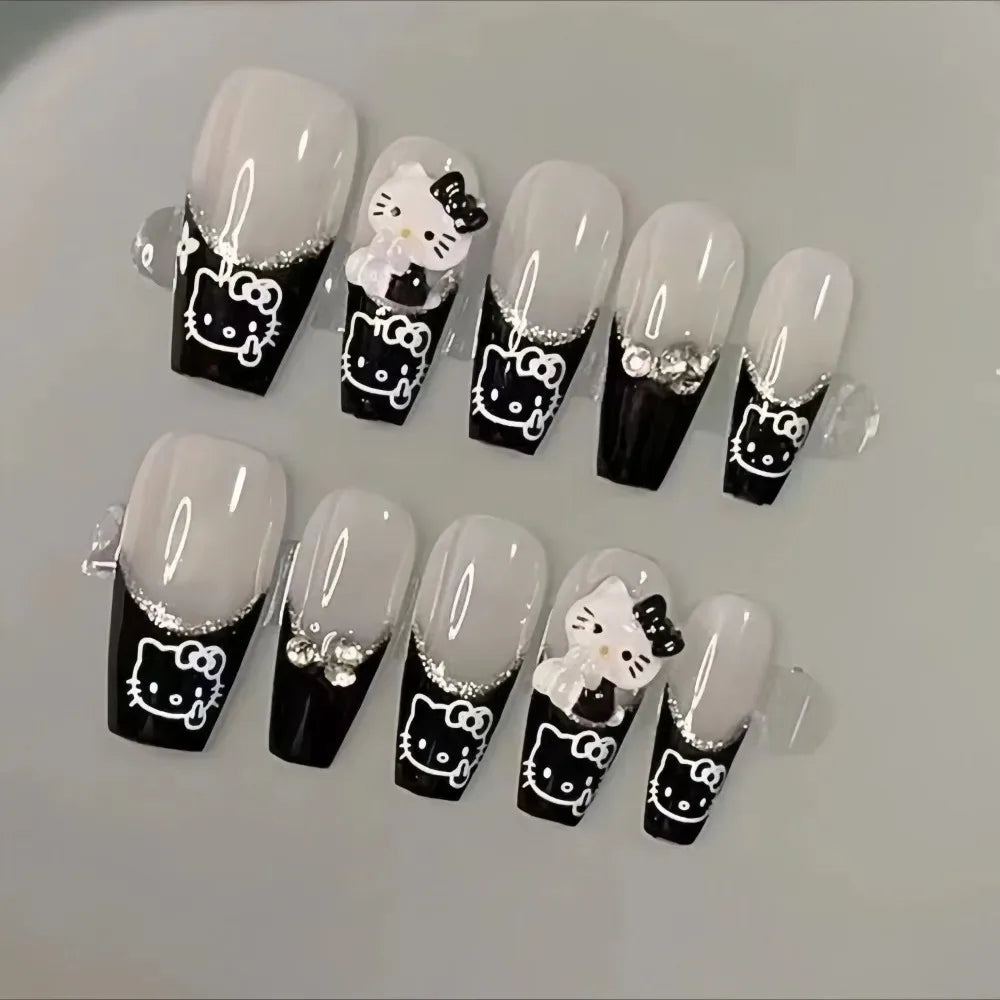 Hello Kitty Press-On Nails – Cartoon Original Design Medium Coffin Style Manicure – Handmade Fashionable Wearable Nail Set Gift