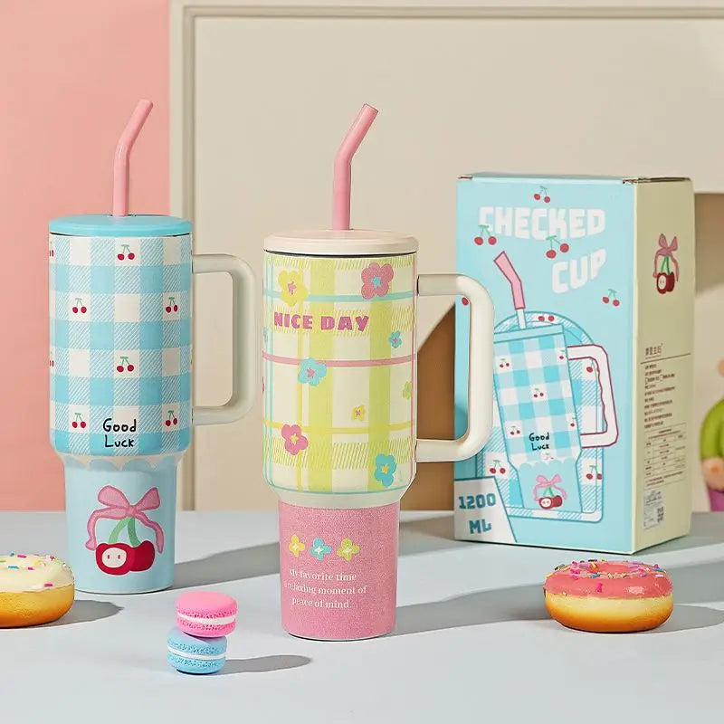 1200ml Hello Kitty 304 Stainless Steel Insulated Bottle – Pink & Blue Grid Thermo Tumbler – Large Capacity Hot & Cold Coffee Cup Water Bottle Mug Gift