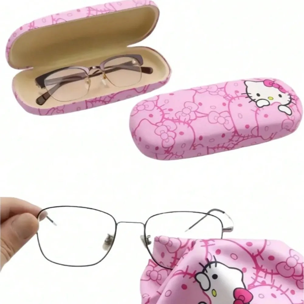 3pcs Hello Kittys glasses case and cloth Pink cat head design Soft microfiber Used to clean and put  glasses, mobile phones