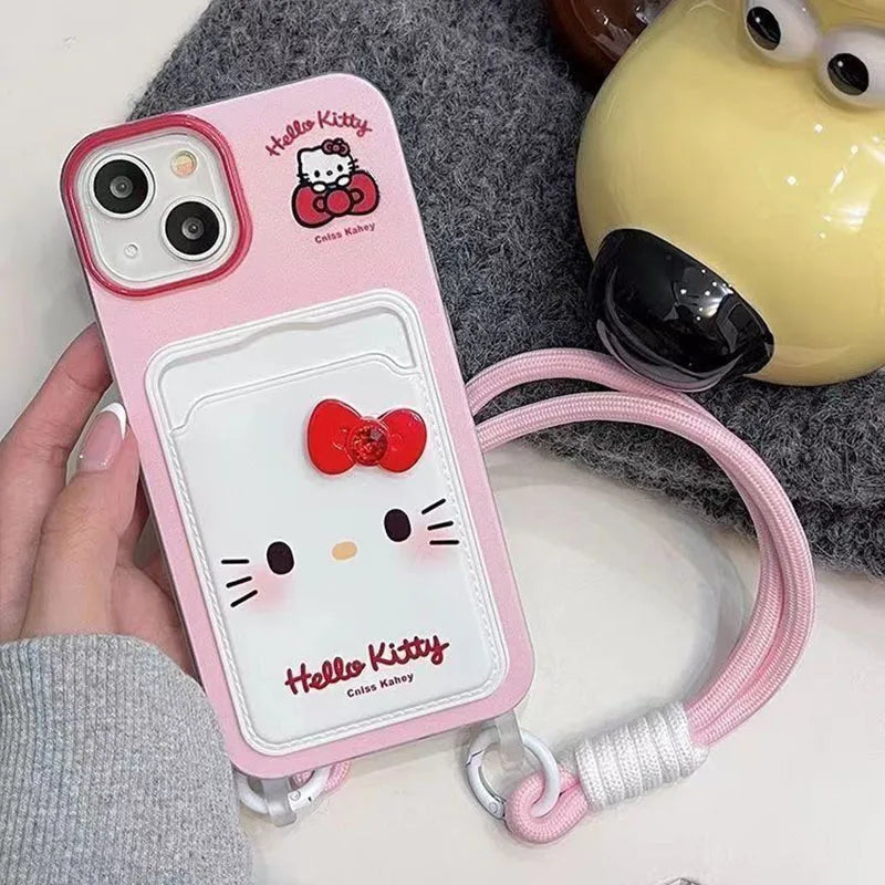 Hello Kitty Bow Phone Case with Card Holder & Lanyard – Cute Cartoon Cover for iPhone 7/8, X/XS, XR, 11, 12 Mini, 13, 14, 15, 16 & 17 Series