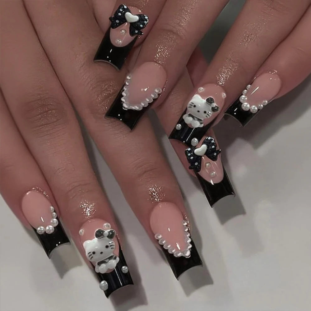 24Pcs 3D Hello Kitty Pearl Bow Press-On Nails – Medium Pink French Tip Nails – Cartoon Wearable Nail Set for Women
