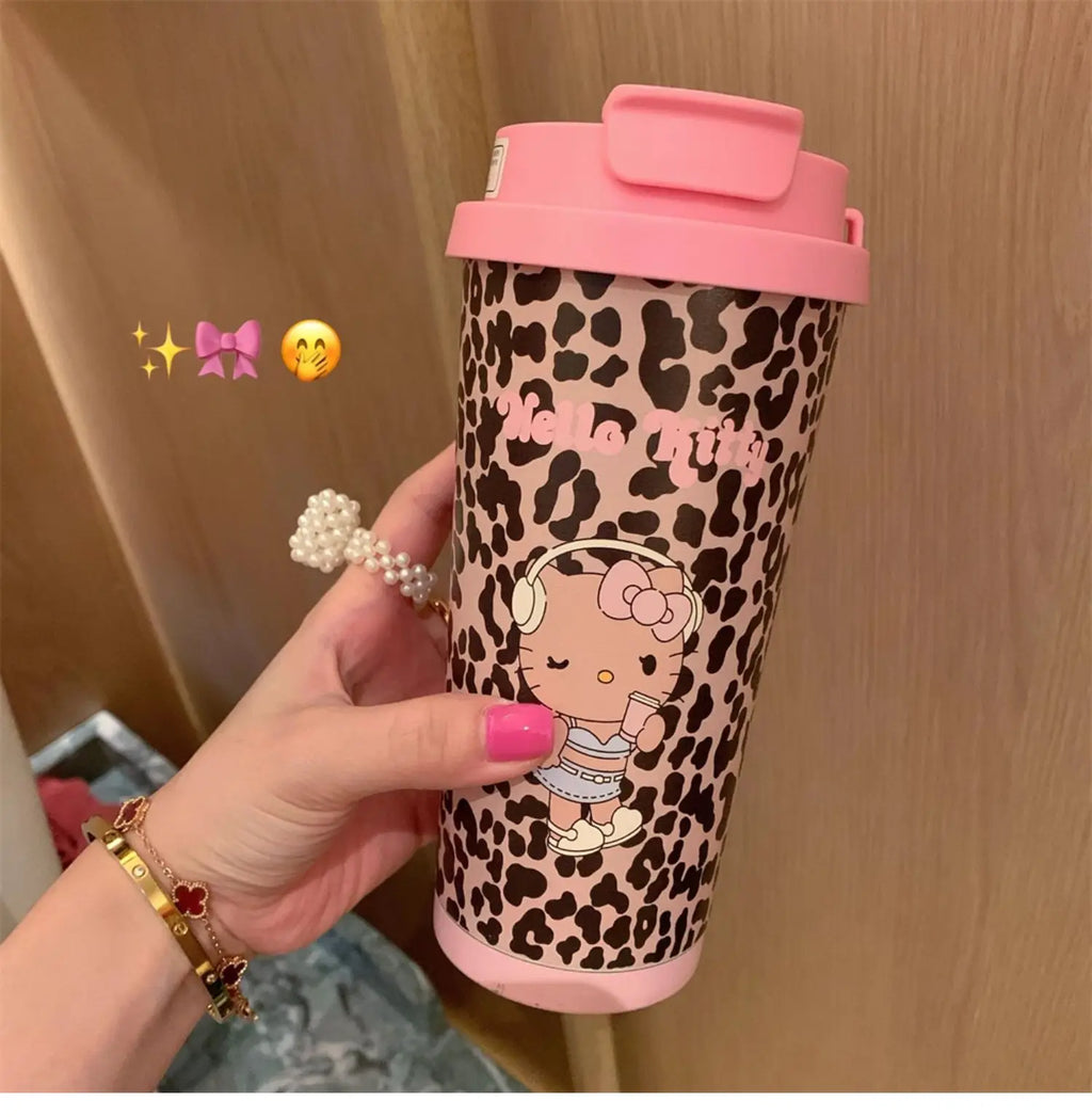 Cartoon Leopard HelloKitty Mug Stainless Steel Student Straw Double-drinking Large-capacity Coffee Cup Lovely Birthday Gift