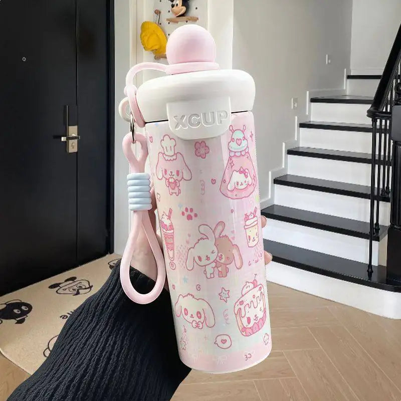 600ml Sugarbunnies Cute Cartoon Stainless Steel Floating Ball Straw Insulated Cup Large Capacity Portable Coffee Mug Plush Toys