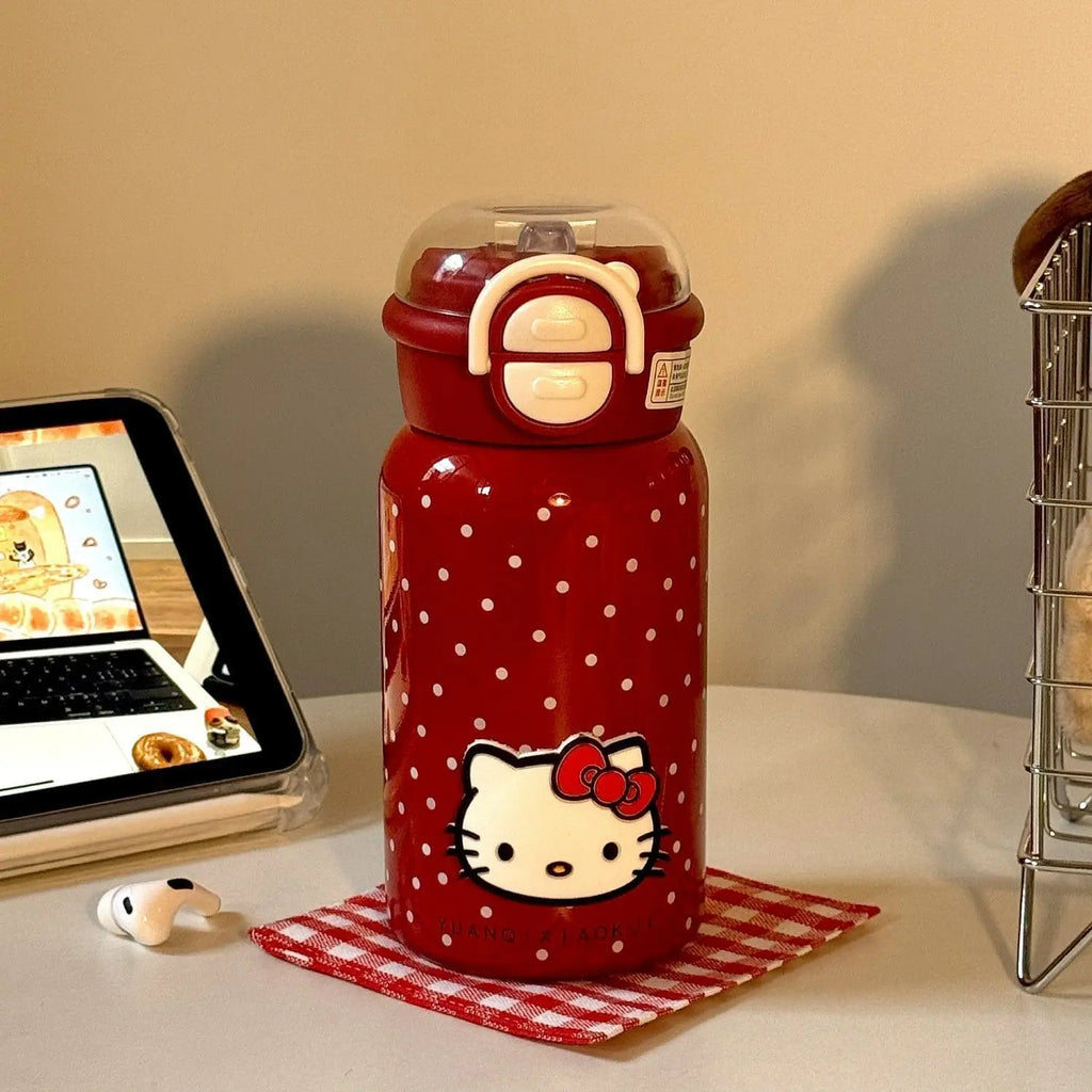 Hello Kitty Retro Red Polka Dot Thermos Cup – 316 Stainless Steel Vacuum Travel Water Bottle for Students