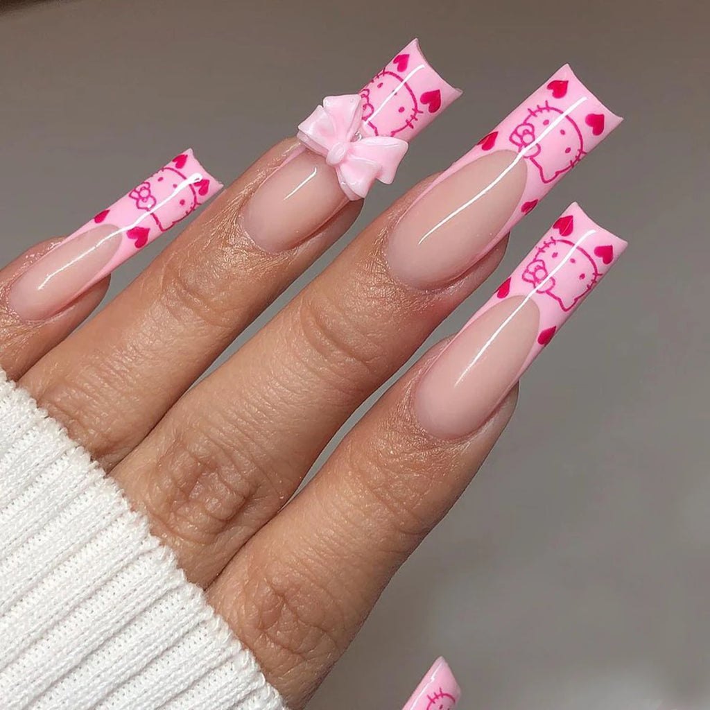 Hello Kitty 24-Piece Press-On Nails – Pink Heart & Kitty Design, Long Square Fit