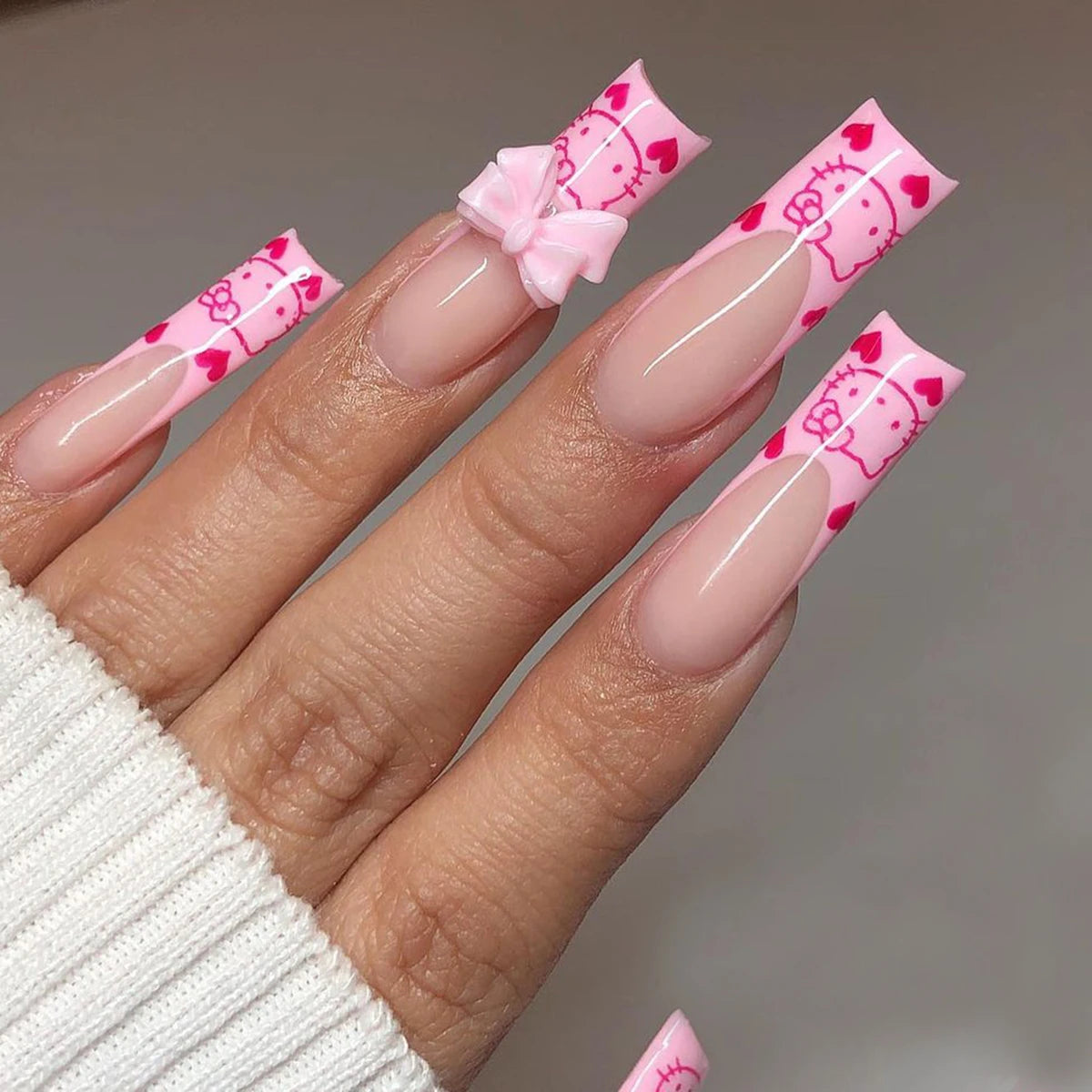 Hello Kitty 24-Piece Press-On Nails – Pink Heart & Kitty Design, Long Square Fit
