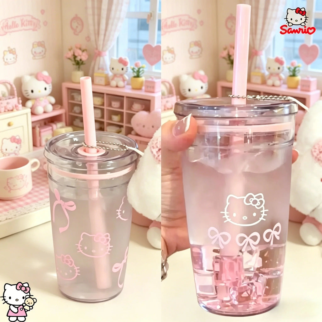 Pink HelloKitty Cat Straw Cup with Lid Plastic Student Portable Cup KT Cat High-Capacity Transparent Plastic Water Cup Girl Gift