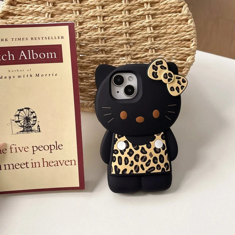 Cute 3D Hello Kitty Black Leopard Print Silicone Phone Case – Shockproof Protective Cover for iPhone 13, 14, 15, 16 & 17 Pro Max