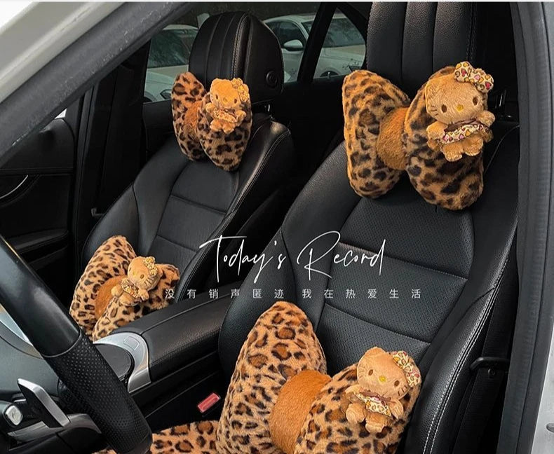 Hello Kitty Car Headrest Neck Pillow Seat Leopard Print Cushion Car Accessory for Girls Car Pillow Lumbar Support Accessories